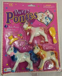 Size: 2111x2560 | Tagged: safe, derpibooru import, earth pony, pony, bootleg, bow, brush, coat markings, colored hooves, confetti, hair bow, image, jpeg, lanard, packaging, party ponies, photo, text, toy, trio, unshorn fetlocks