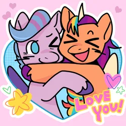 Size: 2048x2048 | Tagged: safe, artist:daisy_marshmallow, derpibooru import, queen haven, sunny starscout, alicorn, pegasus, pony, g5, blushing, chibi, commission, duo, duo female, female, hug, image, lesbian, mane stripe sunny, png, ship:sunnyhaven, shipping, smiling, text, xd, ych example, ych result, your character here