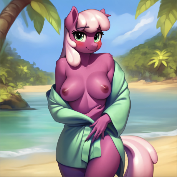 Size: 1412x1410 | Tagged: questionable, ai content, machine learning generated, stable diffusion, cheerilee, anthro, earth pony, bathrobe, beach, beach babe, blushing, busty cheerilee, exhibitionism, flirty, nude beach, nudity, palm tree, png, pornstar, seductive pose, sexy, smiling, solo, standing, stripping, sunbathing, undressing