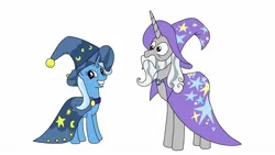 Size: 1280x720 | Tagged: safe, anonymous artist, derpibooru import, star swirl the bearded, trixie, unicorn, cape, clothes, hat, image, jpeg, simple background, star swirl the bearded costume, trixie's cape, trixie's hat, white background