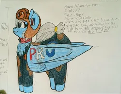 Size: 4255x3278 | Tagged: safe, artist:acid flask, derpibooru import, oc, oc:silver streak, original species, plane pony, pony, chest fluff, clothes, collar, ear piercing, earring, female, flight suit, gun, helmet, image, jewelry, jpeg, large butt, large wings, mare, piercing, plane, reference sheet, short tail, smiling, suit, supermarine spitfire, tail, text, weapon, wings