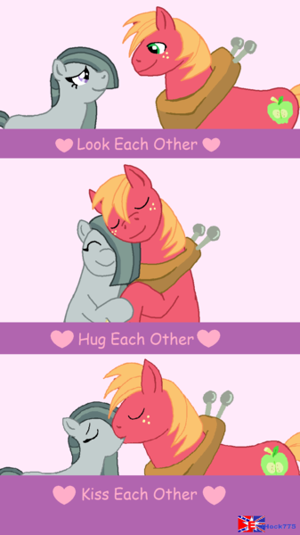 Size: 932x1660 | Tagged: safe, artist:jhock775, derpibooru import, big macintosh, marble pie, earth pony, pony, ^^, comic, cute, daaaaaaaaaaaw, duo, eyes closed, female, freckles, hug, image, kissing, looking at each other, looking at someone, male, marblebetes, marblemac, mare, meme, pink background, png, shipping, simple background, smiling, smiling at each other, stallion, straight, wholesome