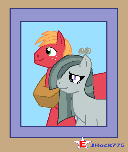 Size: 572x684 | Tagged: safe, artist:jhock775, derpibooru import, big macintosh, marble pie, earth pony, pony, clubhouse, crusaders clubhouse, duo, female, freckles, image, male, marblemac, mare, photo, png, shipping, smiling, stallion, straight, wall
