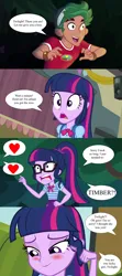 Size: 1920x4320 | Tagged: safe, derpibooru import, edit, edited screencap, screencap, sci-twi, timber spruce, twilight sparkle, twilight sparkle (alicorn), alicorn, human, equestria girls, equestria girls (movie), equestria girls series, legend of everfree, stressed in show, stressed in show: fluttershy, spoiler:eqg series (season 2), blushing, female, hair twirl, heart, image, implied kissing, male, png, ship:timbertwi, shipping, speech bubble, straight, timbertwi, twolight