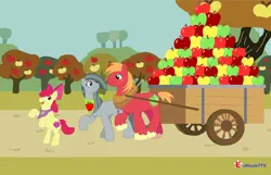 Size: 1280x826 | Tagged: safe, artist:jhock775, derpibooru import, apple bloom, big macintosh, marble pie, earth pony, pony, apple, apple bloom's bow, bandana, bow, chores, female, filly, foal, food, freckles, hair bow, hauling, headcanon, headcanon in the description, image, jpeg, looking at each other, looking at someone, male, mare, married couple, pulling, rock, sisters-in-law, smiling, smiling at each other, stallion, sweet apple acres, trio, wagon