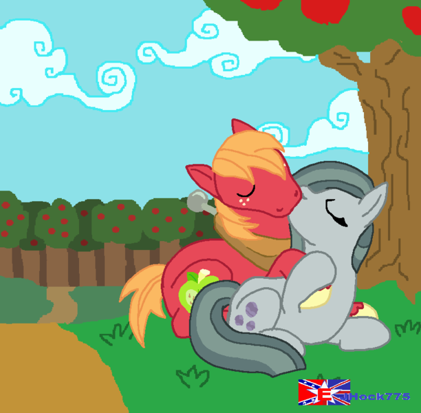 Size: 804x788 | Tagged: safe, artist:jhock775, derpibooru import, big macintosh, marble pie, earth pony, pony, apple, apple tree, cute, daaaaaaaaaaaw, duo, eyes closed, female, food, freckles, holding hooves, image, kiss on the lips, kissing, lying down, male, marblebetes, marblemac, mare, png, shipping, stallion, straight, sweet apple acres, tree, wholesome