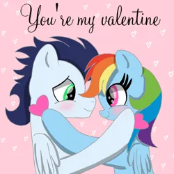 Size: 1400x1400 | Tagged: safe, artist:mrsdashskies, derpibooru import, rainbow dash, soarin', pegasus, pony, blushing, female, holiday, image, looking at each other, looking at someone, male, mare, png, shipping, smiling, smiling at each other, soarindash, stallion, straight, valentine's day, valentine's day card