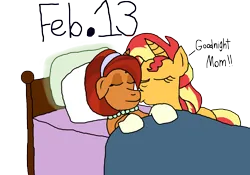 Size: 3568x2500 | Tagged: safe, artist:bigpurplemuppet99, derpibooru import, stellar flare, sunset shimmer, alternate universe, bed, daughter, female, image, kiss on the cheek, kissing, mother, mother and child, mother and daughter, png, simple background, transparent background