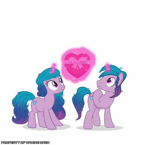 Size: 3600x3600 | Tagged: safe, artist:ramixe dash, derpibooru import, izzy moonbow, pony, unicorn, g5, duo, female, g4, g5 to g4, generation leap, heart, image, isaac crestie, male, mare, png, r63 paradox, rule 63, self paradox, self ponidox, simple background, stallion, transparent background