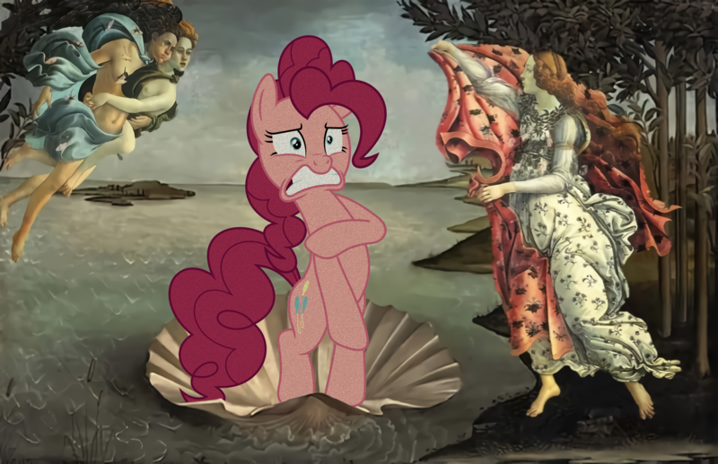 Size: 5356x3464 | Tagged: safe, artist:porygon2z, derpibooru import, edit, editor:pizza split, pinkie pie, earth pony, art, classic art, covering, embarrassed, female, g4, high res, image, male, meme, naked rarity, png, sandro botticelli, the birth of venus, venus