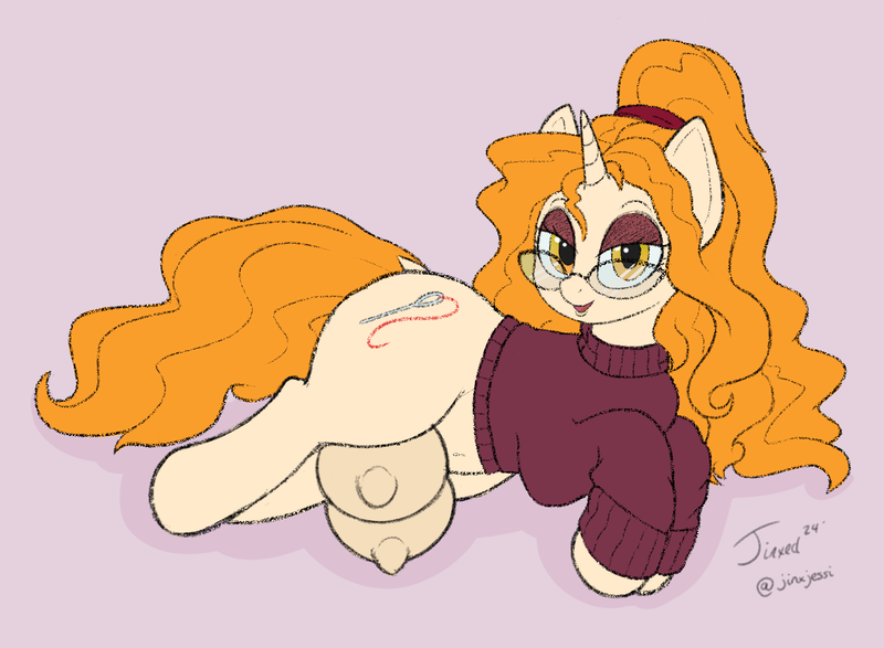 Size: 1500x1100 | Tagged: questionable, artist:jessijinx, ponerpics import, ponybooru import, oc, oc:golden jubilee, unicorn, /mlp/, 4chan, belly button, big crotchboobs, big nipples, clothes, comfy, crotchboobs, cutie mark, eyeliner, eyeshadow, female, glasses, golden eyes, hairband, horn, huge crotchboobs, image, impossibly large crotchboobs, lidded eyes, makeup, milf, neet, nipples, nudity, orange mane, png, sewing needle, smiling, solo, sultry, sweater, thighs, thunder thighs