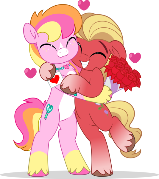 Size: 4451x5000 | Tagged: safe, artist:jhayarr23, derpibooru import, sprout cloverleaf, oc, oc:malarkey, earth pony, pony, g5, bouquet, commission, duo, flower, heart, holiday, hug, image, male, png, rose, shipping, simple background, stallion, transparent background, valentine's day, ych result