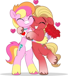 Size: 4451x5000 | Tagged: safe, artist:jhayarr23, derpibooru import, sprout cloverleaf, oc, oc:malarkey, earth pony, pony, g5, bouquet, commission, duo, flower, heart, holiday, hug, image, male, png, rose, shipping, simple background, stallion, transparent background, valentine's day, ych result