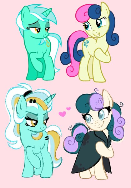 Size: 1431x2048 | Tagged: safe, artist:carouselunique, derpibooru import, bon bon, lyra heartstrings, sweetie drops, earth pony, pony, unicorn, alternate universe, blind, cloak, clothes, duo, duo female, female, floating heart, g4, heart, horn, image, implied starlight glimmer, implied sunburst, jpeg, lesbian, lidded eyes, looking at each other, looking at someone, lyrabon, mare, messy mane, pink background, raised hoof, redesign, shipping, simple background, tail