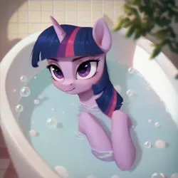 Size: 2048x2048 | Tagged: safe, ai content, derpibooru import, machine learning generated, prompter:krivovyaz, stable diffusion, twilight sparkle, pony, unicorn, bath, bathing, bathroom, bubble, generator:pony diffusion v6 xl, generator:purplesmart.ai, image, leaf, looking at you, png, solo, water