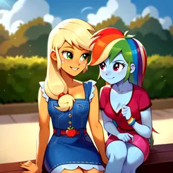 Size: 3000x3000 | Tagged: safe, ai content, anonymous prompter, derpibooru import, machine learning generated, stable diffusion, applejack, rainbow dash, equestria girls, beautiful, breasts, cleavage, clothes, dress, g4, generator:pony diffusion v6 xl, image, jpeg, minidress, sexy, sitting, thighs