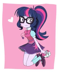Size: 1945x2325 | Tagged: safe, artist:cheesesauce_45, derpibooru import, sci-twi, twilight sparkle, human, equestria girls, abstract background, blushing, box of chocolates, female, g4, glasses, heart, holiday, humanized, image, jewelry, jpeg, looking at you, necklace, passepartout, ponytail, smiling, solo, valentine's day