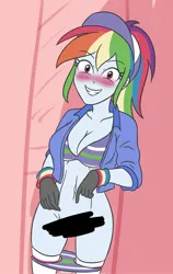 Size: 1292x2048 | Tagged: suggestive, artist:sumin6301, derpibooru import, rainbow dash, human, equestria girls, belly button, blushing, breasts, busty rainbow dash, censored, clothes, female, g4, gloves, hat, image, jacket, jpeg, looking at you, open clothes, open jacket, panties, panties pulled down, ponytail, smiling, smiling at you, socks, solo, solo female, striped socks, teeth, underwear, white socks