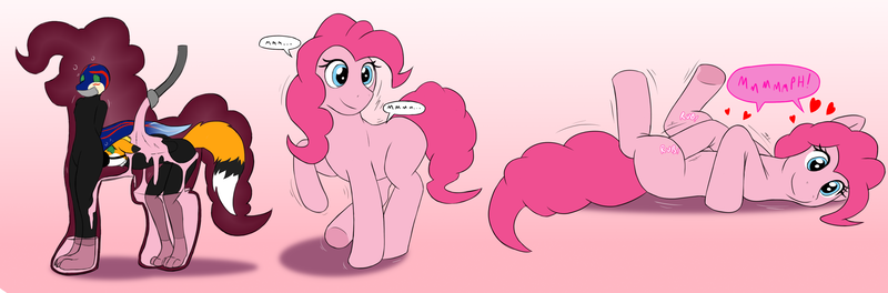 Size: 3924x1296 | Tagged: questionable, artist:naughtycatnick, derpibooru import, pinkie pie, anthro, bondage, encasement, furry, image, png, ponysuit, rubbing, sequence, two-person costume, x-ray