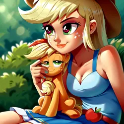 Size: 3000x3000 | Tagged: safe, ai content, anonymous prompter, derpibooru import, machine learning generated, stable diffusion, applejack, human, beautiful, breasts, cleavage, clothes, dress, g4, generator:pony diffusion v6 xl, humanized, image, jpeg, minidress, sexy, sitting, thighs