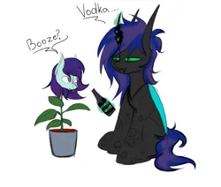 Size: 2362x2007 | Tagged: safe, artist:ashel_aras, derpibooru import, oc, oc:ashel, unofficial characters only, changeling, pony, alcohol, booze, changeling oc, ficus, image, plants, png, simple background, sketch, text, white background