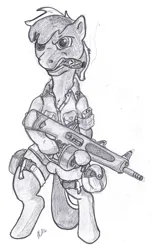 Size: 600x985 | Tagged: safe, artist:dombrus, derpibooru import, semi-anthro, cigar, clothes, gun, image, jpeg, looking at you, monochrome, solo, stallion oc, traditional art, weapon
