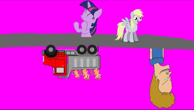 Size: 1079x612 | Tagged: safe, screencap, derpy hooves, scootaloo, twilight sparkle, human, pegasus, pony, unicorn, beavis, beavis and butthead, clap your hands, clapping, image, jpeg, truck