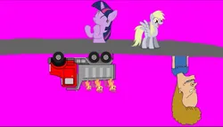 Size: 1079x612 | Tagged: safe, screencap, derpy hooves, scootaloo, twilight sparkle, human, pegasus, pony, unicorn, beavis, beavis and butthead, clap your hands, clapping, image, jpeg, truck