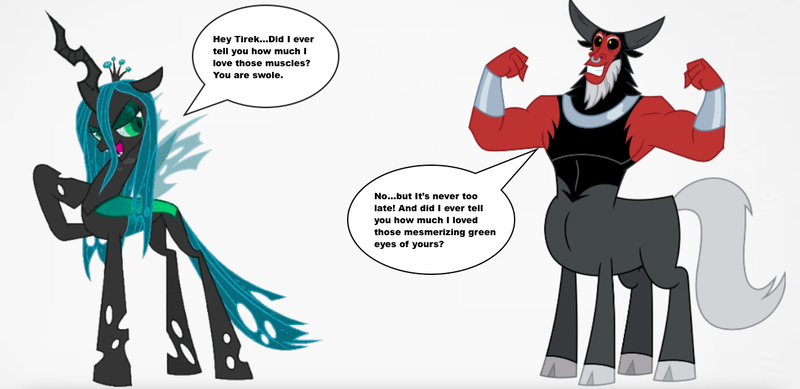 Size: 1270x617 | Tagged: safe, derpibooru import, lord tirek, queen chrysalis, flirting, image, png, shipping, simple background, speech bubble, white background