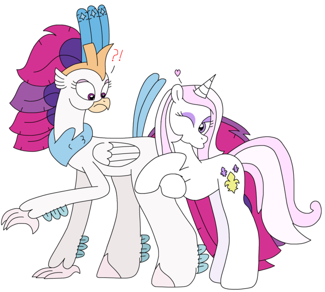 Size: 2656x2393 | Tagged: safe, artist:supahdonarudo, derpibooru import, fleur-de-lis, queen novo, classical hippogriff, hippogriff, unicorn, my little pony: the movie, exclamation point, heart, image, looking at each other, looking at someone, one eye closed, png, pose, question mark, redraw, simple background, surprised, transparent background, wink