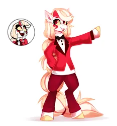 Size: 2328x2500 | Tagged: safe, artist:buvanybu, derpibooru import, ponified, demon, demon pony, original species, pony, bipedal, blushing, charlie morningstar, clothes, colored hooves, crossover, ear blush, fangs, female, hazbin hotel, image, jpeg, looking up, open mouth, open smile, smiling, solo, standing on two hooves, suit