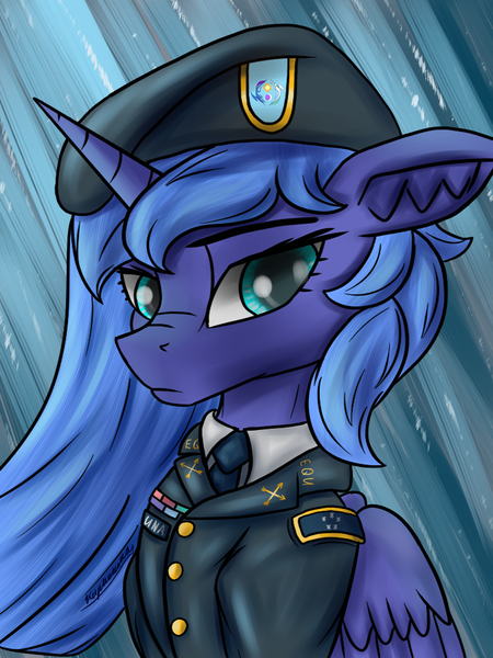 Size: 768x1024 | Tagged: safe, artist:kirieshka, derpibooru import, princess luna, alicorn, pony, equestria at war mod, blue eyes, bust, clothes, eaw: countdown to midnight, hair, hat, image, marker, marks, military pony, military uniform, png, portrait, princess, signs, solo, uniform, uniform hat, war