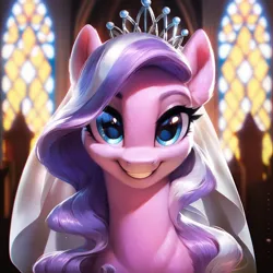 Size: 1024x1024 | Tagged: safe, ai content, derpibooru import, machine learning generated, prompter:maresforever, stable diffusion, diamond tiara, earth pony, pony, church, female, g4, generator:purplesmart.ai, image, jewelry, looking at you, mare, older, older diamond tiara, png, smiling, solo, tiara, wedding veil