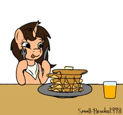Size: 1589x1485 | Tagged: safe, artist:small-brooke1998, derpibooru import, oc, unofficial characters only, pony, unicorn, breakfast, food, image, juice, orange juice, pancake day, pancakes, png, simple background, solo, white background