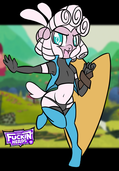 Size: 1668x2388 | Tagged: suggestive, artist:steelsoul, derpibooru import, anthro, sheep, unguligrade anthro, art pack:them's fuckin' herds, them's fightin' herds, bikini, bikini bottom, clothes, community related, femboy, horns, image, male, mop (r63), png, pom (tfh), rule 63, shield, solo, solo male, swimsuit, tight clothing