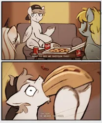 Size: 2196x2634 | Tagged: safe, artist:selenophile, derpibooru import, oc, oc:lunny, oc:pendulum, oc:seleno, coke, couch, drink, eating, food, funny, hoof hold, image, meat, meme, pepperoni, pepperoni pizza, pizza, png, silly, soda, soda can, solo focus, stuffing