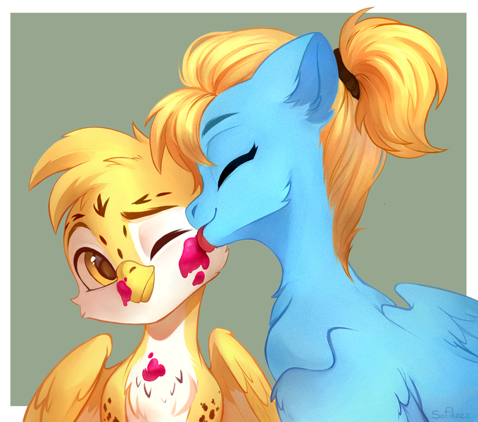 Size: 2508x2217 | Tagged: safe, artist:sofiko-ko, derpibooru import, oc, oc:beaky, oc:brave blossom, unofficial characters only, gryphon, pegasus, pony, fanfic:yellow feathers, derpibooru exclusive, duo, face licking, female, food, griffon oc, ice cream, image, licking, male, mother and child, mother and son, pegasus oc, png, tongue out, wings