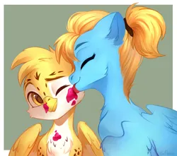 Size: 2508x2217 | Tagged: safe, artist:sofiko-ko, derpibooru import, oc, oc:beaky, oc:brave blossom, unofficial characters only, gryphon, pegasus, pony, fanfic:yellow feathers, derpibooru exclusive, duo, face licking, female, food, griffon oc, ice cream, image, licking, male, mother and child, mother and son, pegasus oc, png, tongue out, wings