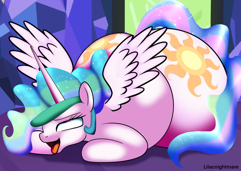 Size: 2283x1614 | Tagged: questionable, artist:lilacnightmare, derpibooru import, part of a set, princess celestia, alicorn, ara ara, butt, eyes rolling back, huge butt, image, implied vore, large butt, open mouth, png, vore