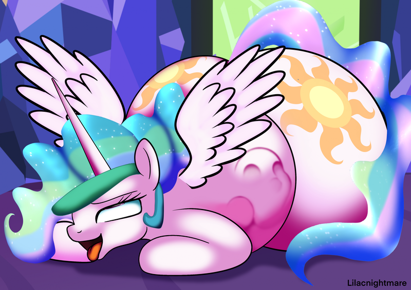 Size: 2283x1614 | Tagged: questionable, artist:lilacnightmare, derpibooru import, part of a set, princess celestia, alicorn, ara ara, bulges, butt, eyes rolling back, huge butt, image, large butt, open mouth, png, vore