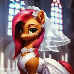 Size: 1024x1024 | Tagged: safe, ai content, derpibooru import, machine learning generated, prompter:maresforever, stable diffusion, babs seed, earth pony, pony, church, clothes, dress, female, g4, generator:purplesmart.ai, image, looking at you, mare, older, png, smiling, solo, wedding dress, wedding veil