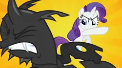 Size: 1268x709 | Tagged: safe, derpibooru import, screencap, rarity, changeling, unicorn, a canterlot wedding, fight, image, png, simple background, yellow background