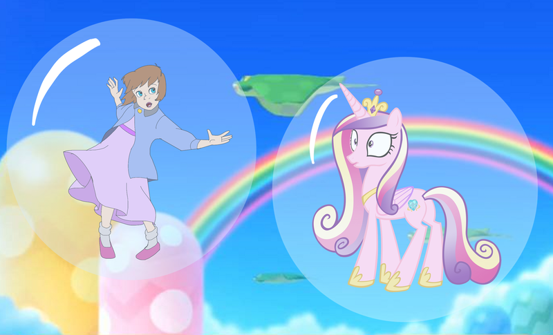 Size: 2736x1660 | Tagged: safe, artist:princessedith568, derpibooru import, princess cadance, alicorn, bubble, crossover, disney, duo, duo female, female, image, in bubble, mario party, nintendo, peter pan, png