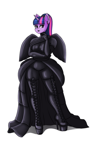 Size: 1400x2200 | Tagged: suggestive, artist:creatorworld, derpibooru import, twilight sparkle, alicorn, anthro, boots, clothes, dress, image, latex, latex dress, png, shoes, solo