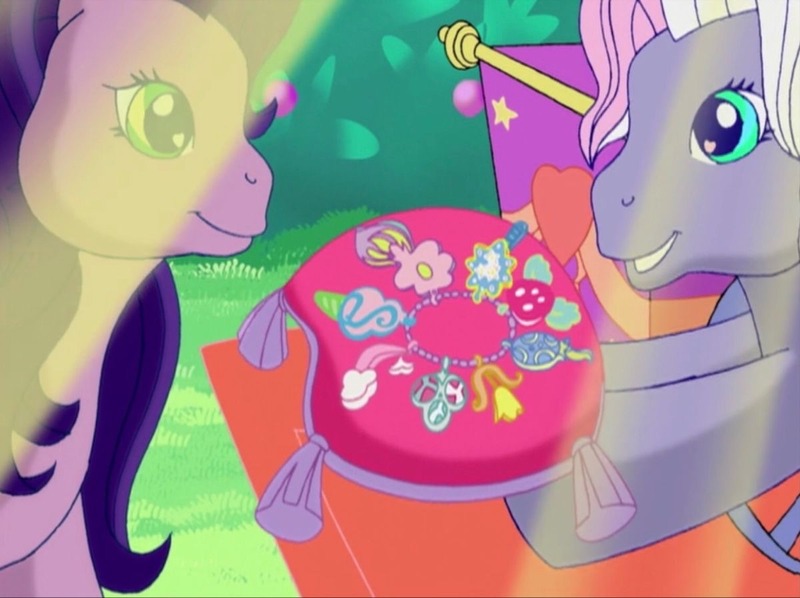 Size: 1200x897 | Tagged: safe, derpibooru import, screencap, kimono, razzaroo, earth pony, pony, a charming birthday, g3, bracelet, charm bracelet, crepuscular rays, duo, duo female, female, image, jewelry, jpeg, mare, pillow