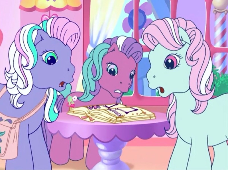 Size: 1200x897 | Tagged: safe, derpibooru import, screencap, minty, razzaroo, sweetberry, earth pony, pony, a charming birthday, g3, bag, book, cotton candy cafe, female, image, jpeg, looking at something, mare, table, trio, trio female, worried