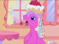 Size: 1200x898 | Tagged: safe, derpibooru import, screencap, cotton candy (g3), earth pony, pony, a charming birthday, g3, cake, cotton candy cafe, female, food, food on face, image, jpeg, mare, solo, tongue out