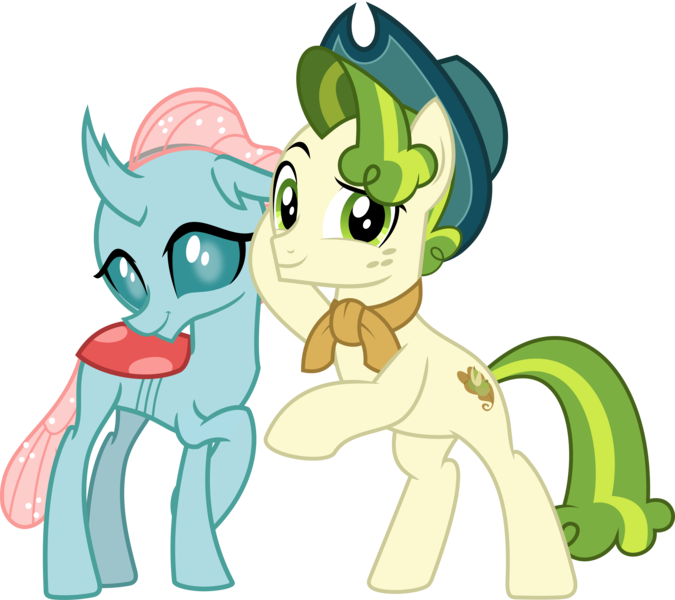 Size: 4154x3691 | Tagged: safe, artist:cheezedoodle96, artist:jhayarr23, derpibooru import, edit, vector edit, ocellus, pistachio, changedling, changeling, earth pony, pony, best gift ever, school daze, .svg available, absurd resolution, cowboy hat, crack shipping, crossed legs, cute, cuteling, diaocelles, duo, duo male and female, eyebrows, female, g4, hat, high res, image, interspecies, looking at you, male, neckerchief, png, raised eyebrow, rearing, ship:pistachiocellus, shipping, shy, simple background, smiling, stallion, straight, teenager, transparent background, vector