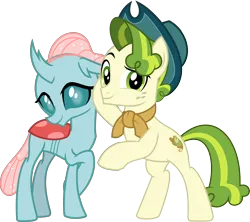 Size: 4154x3691 | Tagged: safe, artist:cheezedoodle96, artist:jhayarr23, derpibooru import, edit, vector edit, ocellus, pistachio, changedling, changeling, earth pony, pony, best gift ever, school daze, .svg available, absurd resolution, cowboy hat, crack shipping, crossed legs, cute, cuteling, diaocelles, duo, duo male and female, eyebrows, female, g4, hat, high res, image, interspecies, looking at you, male, neckerchief, png, raised eyebrow, rearing, ship:pistachiocellus, shipping, shy, simple background, smiling, stallion, straight, teenager, transparent background, vector