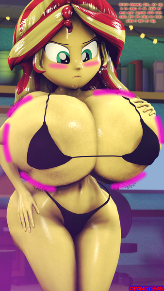 Size: 2160x3840 | Tagged: questionable, artist:optimussparkle, derpibooru import, sunset shimmer, human, equestria girls, 3d, belly button, big breasts, bimbo, bimbo shimmer, blushing, bra, breast expansion, breasts, busty sunset shimmer, clothes, curvy, female, g4, growth, hand on breasts, hourglass figure, huge breasts, image, impossibly large breasts, nipples, nudity, panties, png, solo, solo female, source filmmaker, tight clothing, underwear, vaako-7's trishka body, wide hips